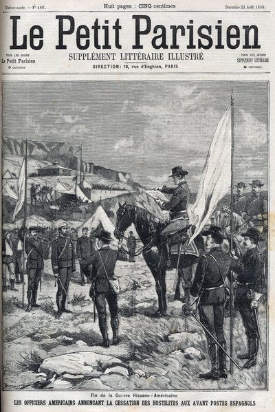 A spanyol-amerikai háború vége (American Hispano) 1898-ban. Amerikai tisztek bejelentették az ellenségeskedés beszüntetését a spanyol előőrsöknél. 1898-ból származó „” Le petit parisien”” metszet. alkotó: French School