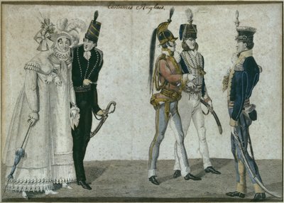 Angol kosztümök, illusztráció a Le Bon Genre-ből, 19. század eleje (színes metszet) alkotó: French School