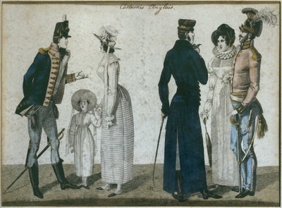 Angol kosztümök, illusztráció a Le Bon Genre-ből, 19. század eleje (színes metszet) alkotó: French School