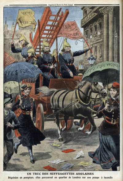 Tűzoltónak öltözött angol szüfrazsettek a „Le Petit Journal”-ból, 1910. április 3. (metszet) alkotó: French School