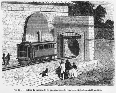 A Londonból Sydenhambe tartó pneumatikus vasút bejárata, amelyet 1865-ben alapítottak – L. Figuier „A tudomány csodái” című művében. ¿ alkotó: French School