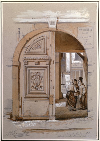 Bejárat a Hotel of the Marquise de Brinvilliers, 28 rue de Bievre, Párizs (kréta és gouache papíron) alkotó: French School