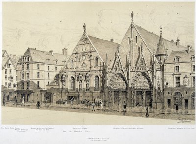 A Hotel-Dieu (Hotel Dieu) bejárata, rue du Marche Palu, 1590-ben - „Párizsban a korokon át”, 19. század vége alkotó: French School
