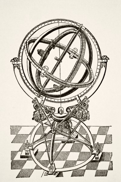 Egyenlítői gyűrűk vagy körök, rézmetszet után a Tychonis Brahe Astronomiae Instauratae Mechanica 1602-es könyvében, Paul Lacroix pub: Tudomány és irodalom középkorban. London 1878 alkotó: French School