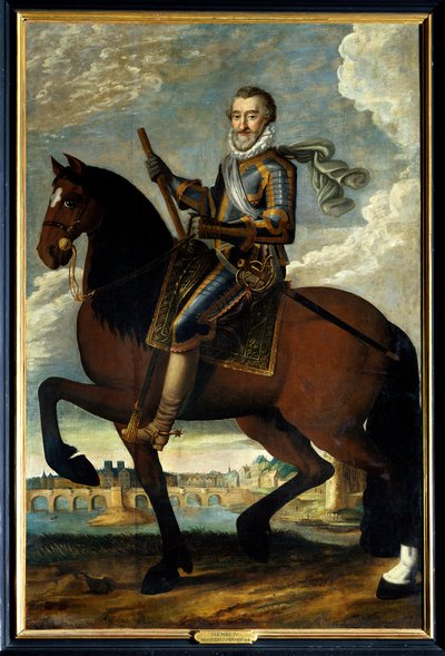 Henrik (1553-1610) francia király lovas portréja a párizsi Pont Neuf előtt. 17. századi névtelen festmény. Olajfestmény. Kötelező említés: Sully sur Loire, Chateau de Sully alkotó: French School