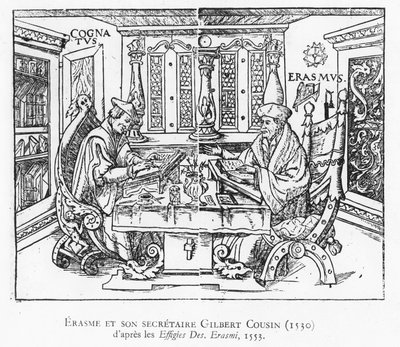 Erasmus és titkára, Gilbert Cousin (fametszet) alkotó: French School