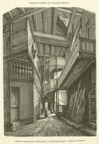 Tizenhatodik századi lépcsőház, rue Notre-Dame, 7, Vitre, Ille-et-Vilaine (metszet) alkotó: French School