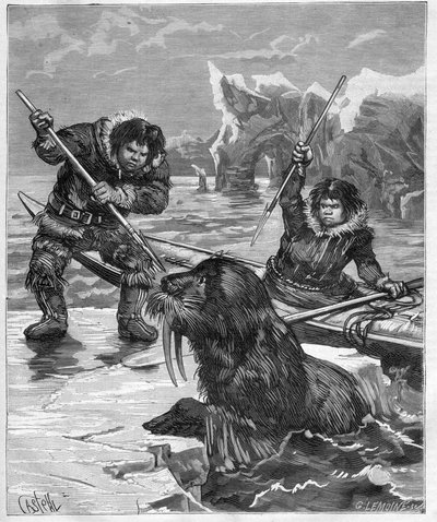 Eszkimók - rozmár halászat - Eszkimók - rozmár halászat 1888-ban - - Metszet a „Journal des Voyages” 1888-ban alkotó: French School
