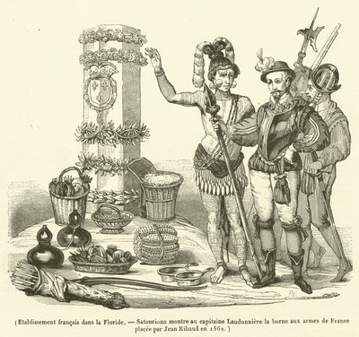 Francia telephely Floridában, Satourionában megmutatja Laudonniere kapitánynak a Jean Ribaud által 1562-ben elhelyezett francia karokkal ellátott terminált (metszet) alkotó: French School