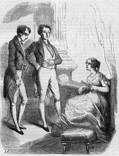 Eugene de Rastignacot Adjuda márki ajándékozta Madame de Nucingennek. Metszet 19. század közepe. Illusztráció Honore de Balzac (1799-1850) „The Father Goriot”-hoz. alkotó: French School