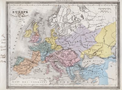 Európa a barbárok 6. századi inváziója után – Vuillemin „Az ókori és modern földrajz egyetemes atlasza a bentlakásos iskolák használatához” című lemezéből – 1845 körül alkotó: French School