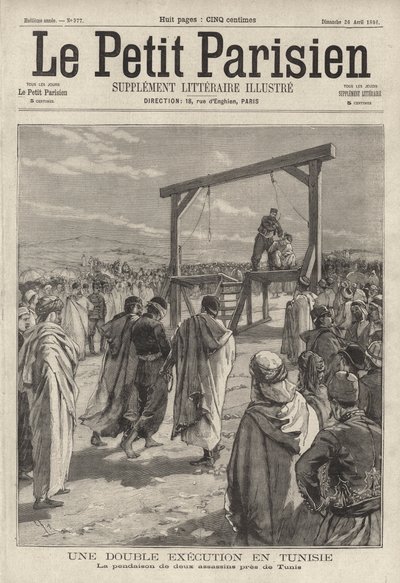 Kivégzés két bérgyilkos felakasztásával Tunisz közelében, Tunéziában (metszet) alkotó: French School