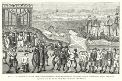 A híres német kalóz, Stoerteneck és hetven cinkosának kivégzése 1402-ben Hamburgban; század végi népszerű kép után City Bibl, Hamburg (metszet) alkotó: French School