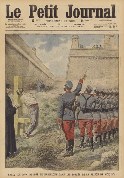 Az 1909. júliusi barcelonai felkelések egyik résztvevőjének kivégzése a Monjuich börtönben (színes litó) alkotó: French School