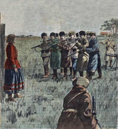 Marie Nikiforova ukrán anarchista kivégzése szovjet katonák által, illusztráció a "Le Pelerin"-ből. alkotó: French School