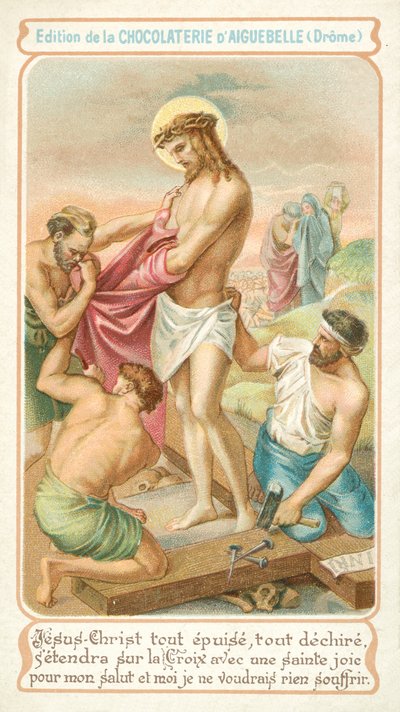 Jézus kimerülten készül a keresztre szegezni (chromolitho) alkotó: French School