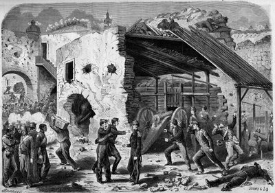 Expedíció Mexikóba (1861-1867) - Puebla ostroma - 1863: a francia hadsereg támadása egy keret (háztömb) ellen. A városba érve a francia katonáknak negyedről negyedre kellett megküzdeniük. Metszet a "" Világ I.-be alkotó: French School