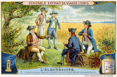 Benjamin Franklin tapasztalata villámhárítóként használt repülő szarvasról - Liebig reklámmatrica alkotó: French School
