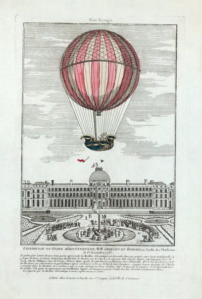 Az MM aerosztatikus földgömbjének tapasztalatai. Charles és Robert a Jardin des Thuileries-ben 1783. december 1-jén, kocsma. 1783 (kézzel színezett metszet) alkotó: French School