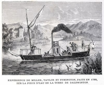 Miller, Taylor és Symington tapasztalata, 1789-ben, Dalswinton földjének vízdarabján - a „tudomány Albumában”; jeles tudósok; Nagy felfedezések””” 1896. alkotó: French School