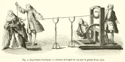 Elektromos kísérletek, A bor szellemének meggyújtása kard hegyével (metszet) alkotó: French School