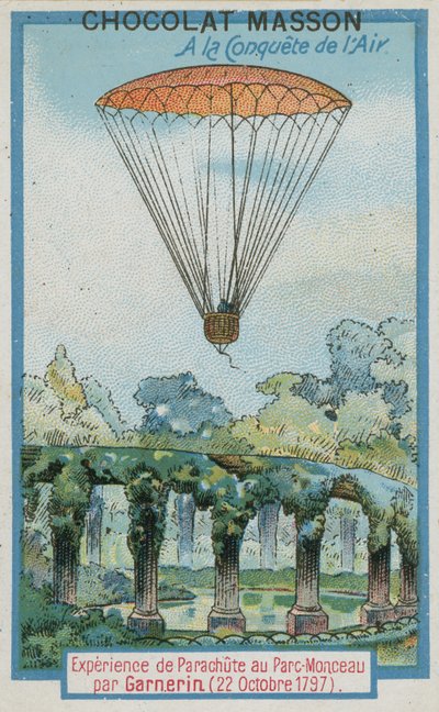 Andre-Jacques Garnerin ejtőernyős kísérletezése a Parc Monceau-ban (1797. október 22.) alkotó: French School