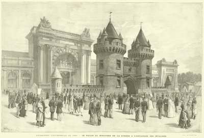 1889. évi egyetemes kiállítás, a Hadügyminisztérium Palotája az Esplanade des Invalides-nál (metszet) alkotó: French School