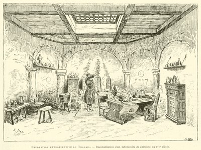 Retrospektív kiállítás a munkáról, egy 17. századi vegyészlaboratórium rekonstrukciója (metszet) alkotó: French School