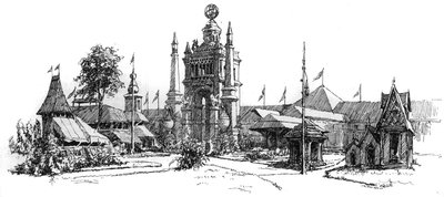 Univerzális kiállítás Antwerpenben (Belgium) 1885-ben: kilátás a kiállító épületekre. Metszet a "Le Monde Illustre"-ben, 1885. augusztus 22. alkotó: French School