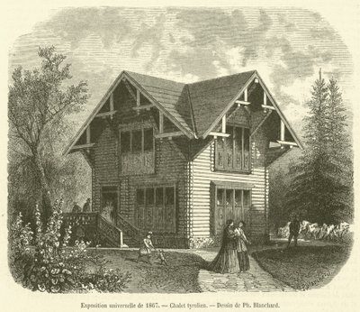 1867. évi egyetemes kiállítás, tiroli faház (metszet) alkotó: French School