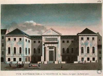 A Hospice Saint-Jacques külső képe, 1800 körül (színes metszet) alkotó: French School