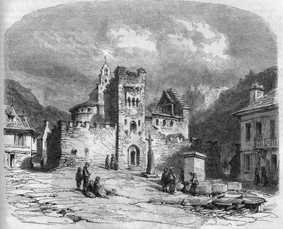A 14. században megerősített Szent András-templom (a Templomosok temploma) külső képe. Luz saint Savior (Luz-Saint-Sauveur), Hautes Pyrenees (65) alkotó: French School