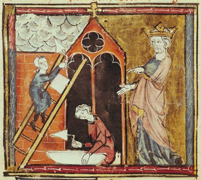 F.235v VI. Lajos király (1080-1137) Egy templom építését figyeli, a Grandes Chroniques de France-ból 1375-79 alkotó: French School