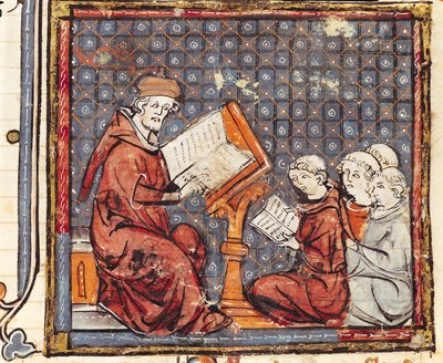 F.277r Párizsban tanító filozófus, a Grandes Chroniques de France-ból, 1375-79 alkotó: French School