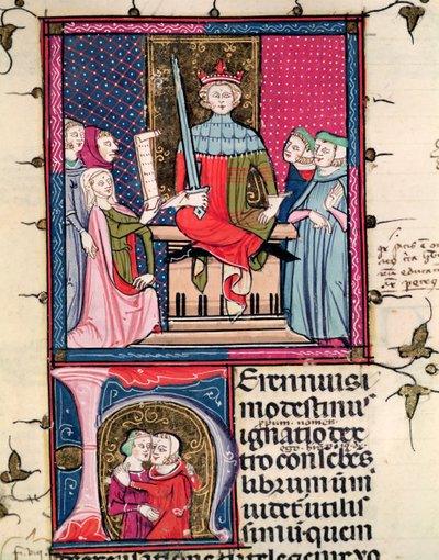F.39r Házastársi jog, házasságtörő feleség a bíróság előtt, Justinianiból Fortiatumban alkotó: French School