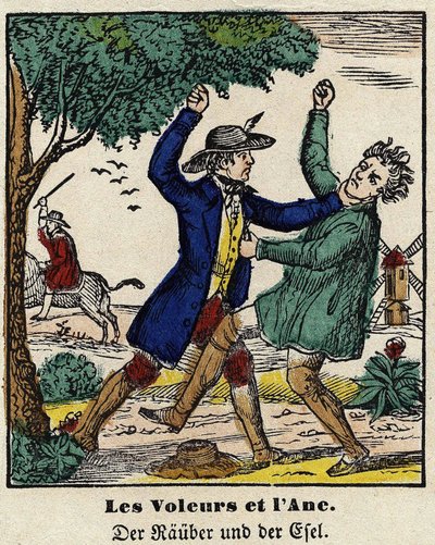 Fables de La Fontaine: a tolvajok és a szamár. Epinal képe, 19. század első fele. alkotó: French School