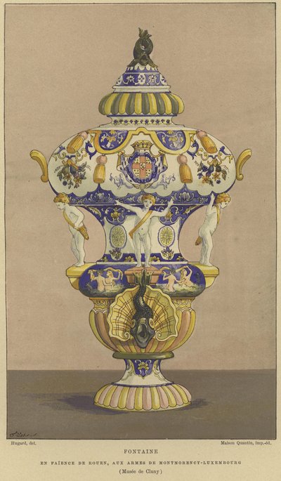 Faience de Rouen szökőkút a Montmorency-Luxembourg-ház karjaival alkotó: French School