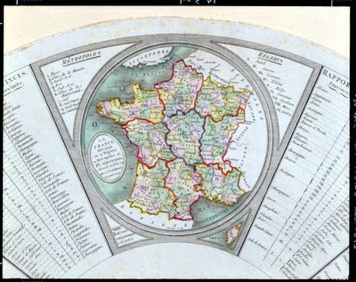 Franciaország térképét 9 régióra, 10 metropoliszra és 83 megyére osztva ábrázoló legyező, 1790 alkotó: French School