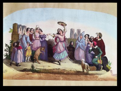 Rajongói terv a La Esmeralda, Louise-Angelique Bertin (1805-77) operájának egy jelenetét ábrázolja Victor Hugo (1802-85) regénye után, 1836 körül. alkotó: French School