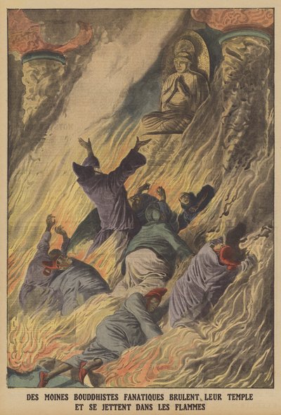 Fanatikus buddhista szerzetesek felgyújtják templomukat és a lángokba vetik magukat Formosa szigetén (színes litho) alkotó: French School