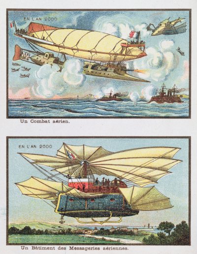 Fantasy ábrázolások egy légi csatáról és egy teherszállító repülőgépről 2000-ben, 1910 körül alkotó: French School