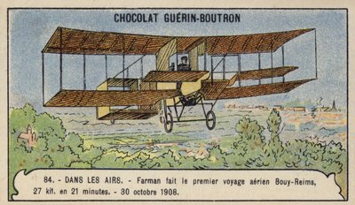 Farman az első tereprepülést hajtja végre Európában, Bouyból Reimsbe, Franciaországba, 1908. október 30-án (chromolitho) alkotó: French School