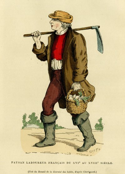 Parasztöltöny a 17-18. századból. Színes metszet Chevignard rajza alapján, Augustin Challamel, F. Roy szerkesztő, „France et les francais a travers les centuries” című könyvében, Párizs 1882. Selva Collection. alkotó: French School