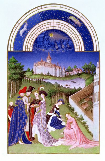 Április fakszimile: udvari alakok a kastély területén a Limbourg fivérektől, a Tres Riches Heures du Duc de Berry-től (az eredetit lásd: 8436) alkotó: French School