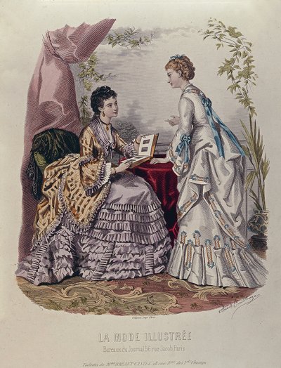 Divattábla, amelyen hölgyek láthatók Mme Breant-Castel által tervezett ruhákban, és fotóalbumokat nézegetnek, 1872 alkotó: French School