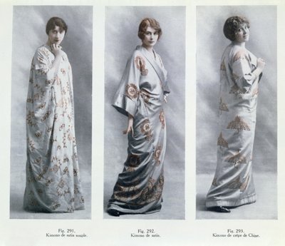 Modeplatten mit Designs für Kimonos, Illustrationen aus Le Jardin des Modes Nouvelles, 15. April 1913 von French School