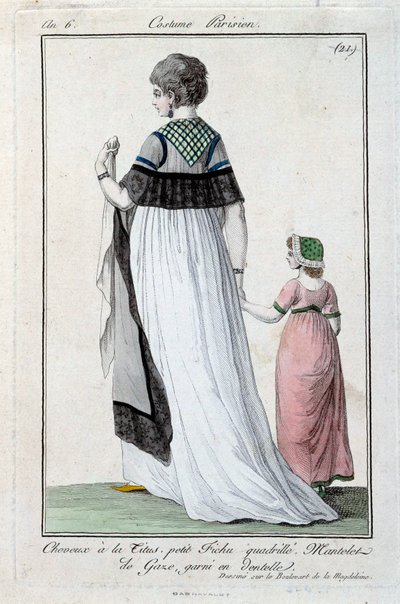 Divat az igazgatóság alatt: elegáns fiatal párizsi nő, aki Tituszt visel, csipkével díszített gézköpenyt. 1797. Párizs, jelmezmúzeum alkotó: French School
