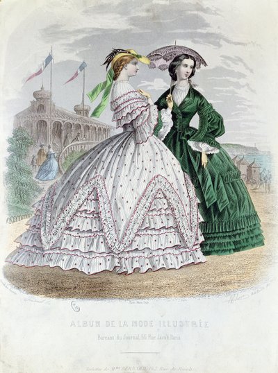 Divatos párizsi hölgyek a tengerparton, 1861 (színes metszet) alkotó: French School