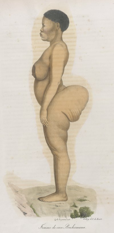 "Femme de race Bochismann". Ez a lemez nyilvánvalóan Sara (Saartjie) Baartman (1789-1815) képe, aki egy khoisan volt, akit Dél-Afrikából hozattak át, hogy Piccadillyben nyilvánosan kiállítsák a „Hottentot Vénusz” címmel, mivel a alkotó: French School