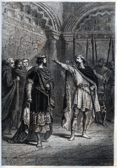 Feodális rezsim: „Ki tett téged királlyá? "" : Audebert (Adalbert), Perigord grófja (968-995) gátlástalanul válaszol Hugues Capet királynak (938-996), aki megkérdezte tőle, hogy kitől számított - Guizot "Histoire de France"-jának abroncsa gravírozása alkotó: French School